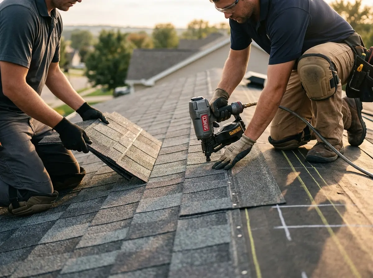 Professional roofer working on a residential roof in Rutherford